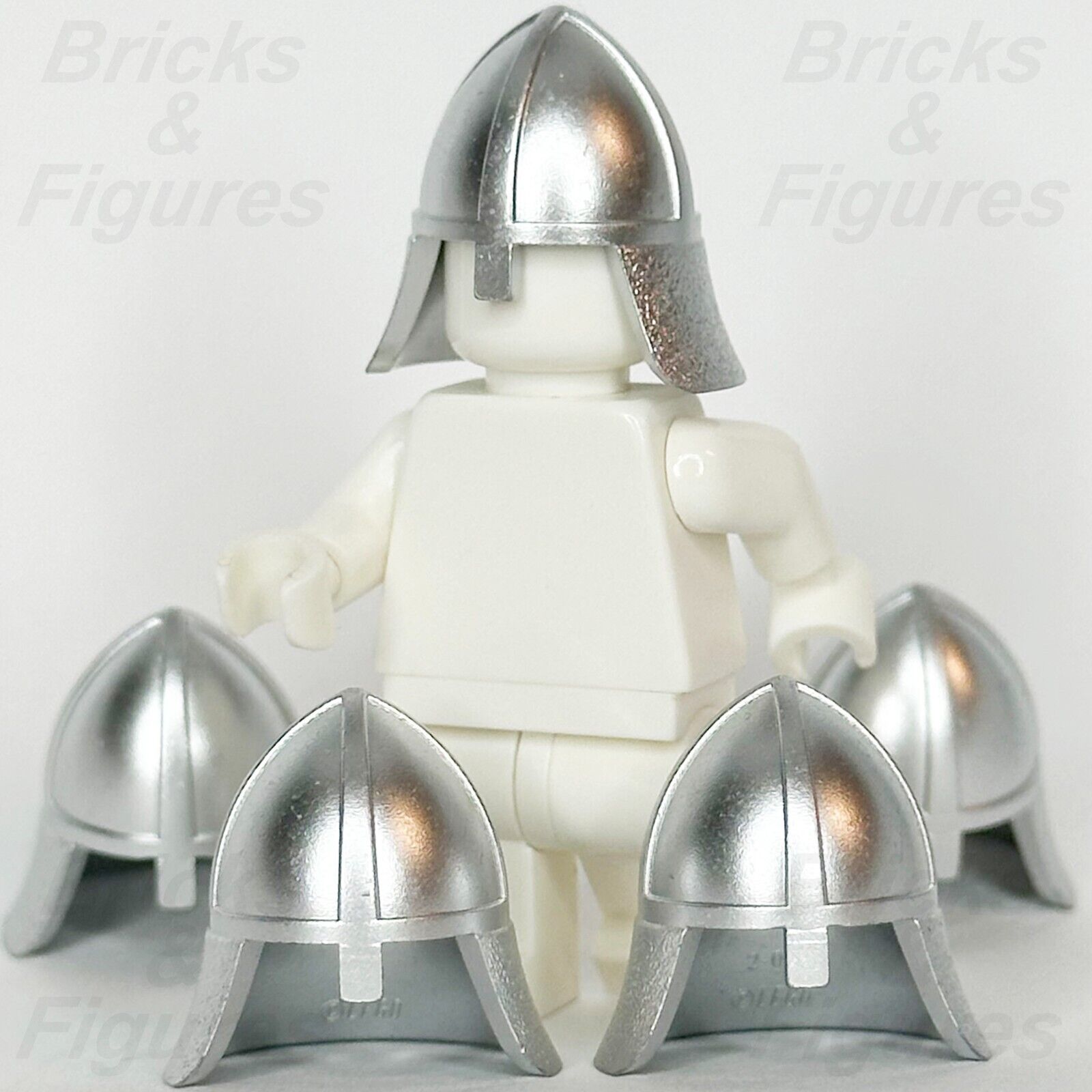 LEGO Castle Helmet with Neck Protector Metallic Silver Minifigure Part 3844 x 5 - Bricks & Figures