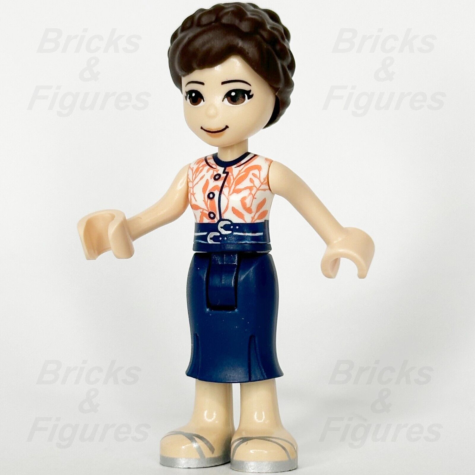 LEGO Friends June Minifigure White Top Coral Leaves Blue Skirt 41760 frnd428 - Bricks & Figures