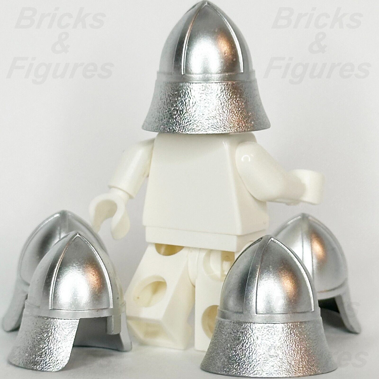 LEGO Castle Helmet with Neck Protector Metallic Silver Minifigure Part 3844 x 5 - Bricks & Figures