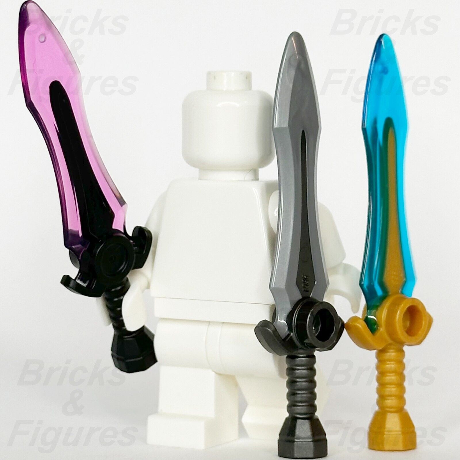 LEGO Minifigure Sword Weapon Part Pack Silver Pink Blue Blade Broadsword x 3 - Bricks & Figures